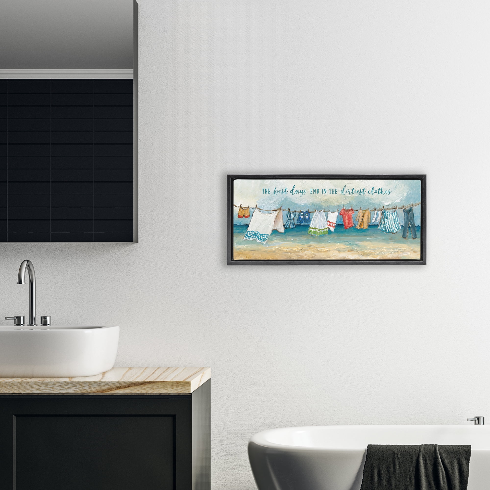 Stupell Industries Clothesline By The Sea Black Framed Floater Canvas Wall Art, design by Charlene Olson