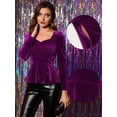 thumbnail image 2 of Blusa de terciopelo para mujer, elegante, con escote corazón, manga larga, top peplum Púrpura XL, 2 of 5