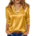 thumbnail image 1 of Hecho para Más Camisa Mujeres Elegante Draped Escote Plisado Cuello Satén Tres Cuartos de Manga Blusa, Suave Top Casual, 1 of 7