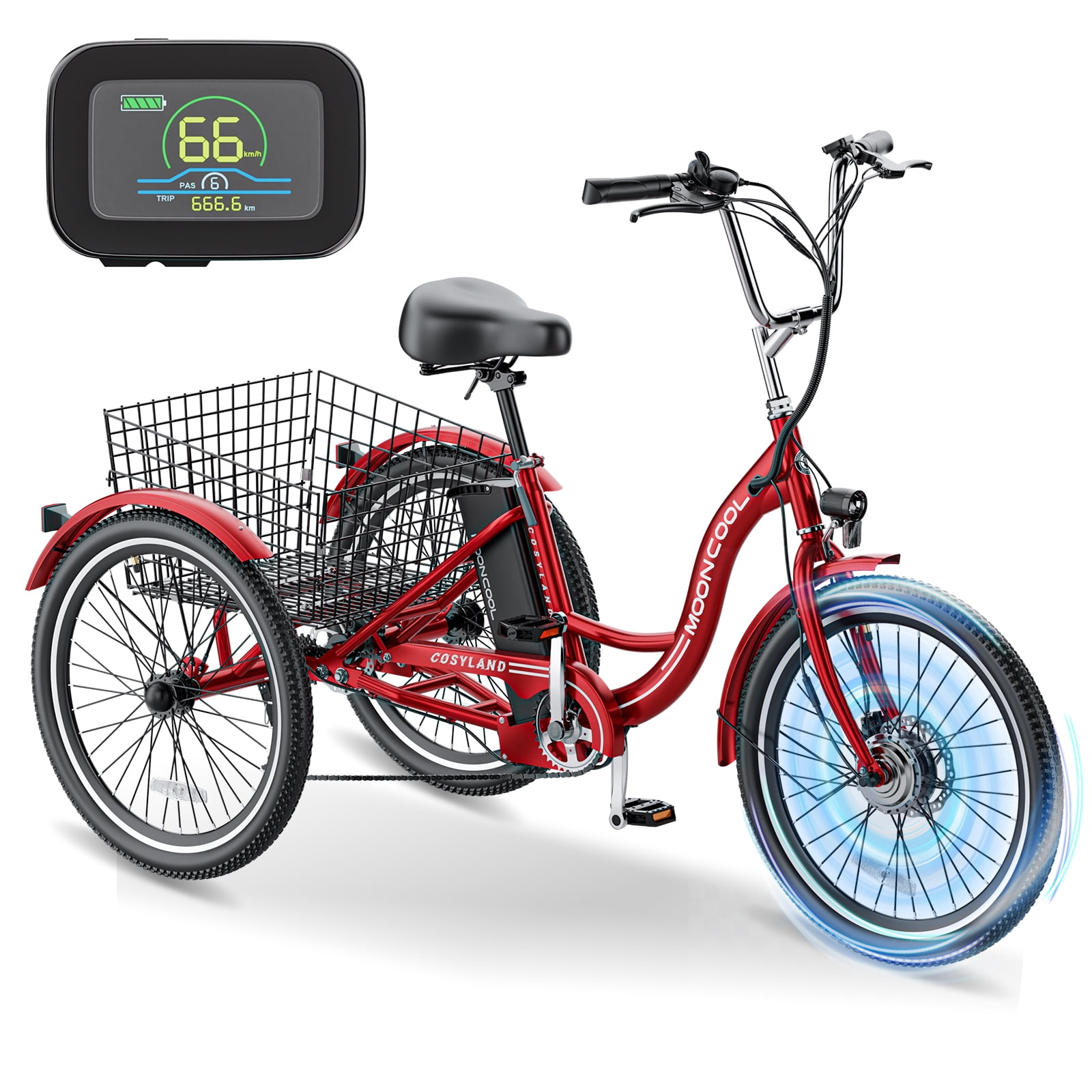 MOONCOOL 24 26 Electric Tricycle for Seniors 7 Speed 350W 36V E Bike with Large Basket and Electronic Seat Walmart