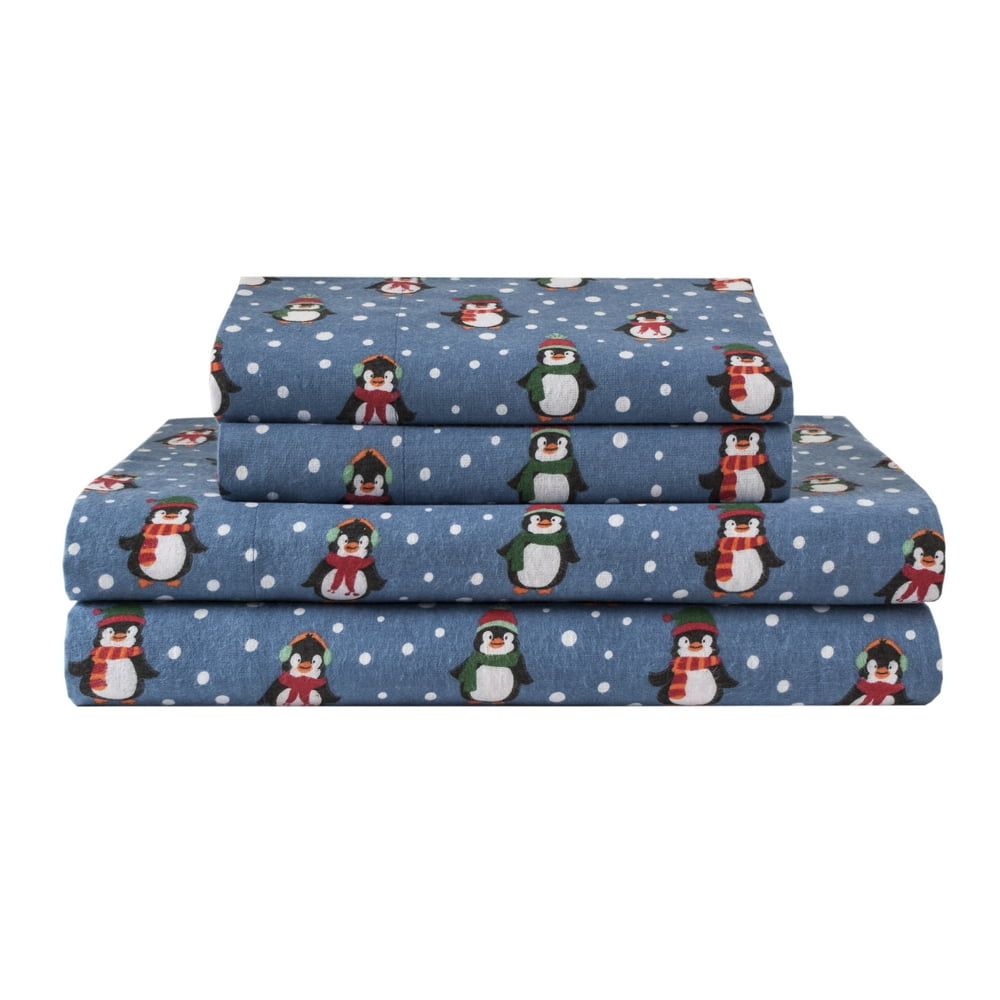 Elite Home Products, Winter Nights Cotton Flannel Sheet Set, Penguins