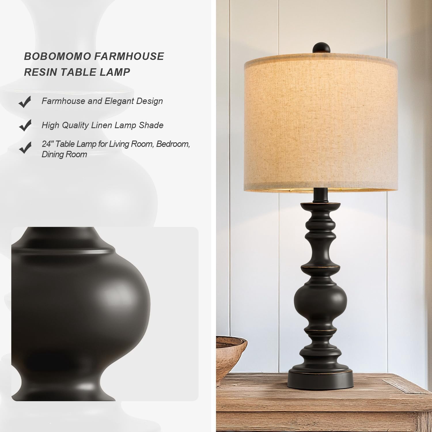 24 Inch Traditional Farmhouse Table Lamp Set of 2 Vintage Resin Nightstand Lamps with Linen Shades for Bedroom Living Room Office