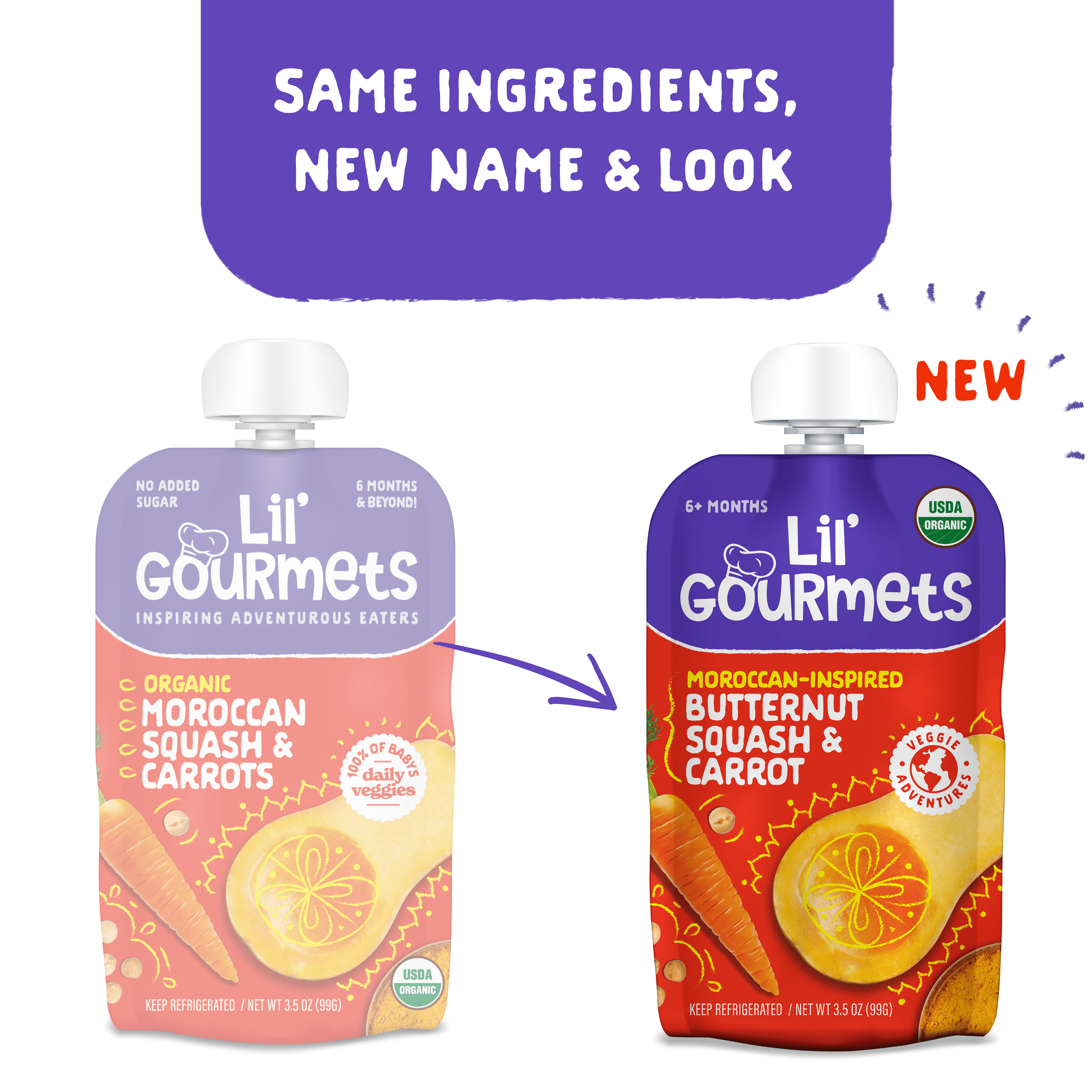 (4 pack) Lil’ Gourmets Refrigerated Stage 2 Baby Food, Moroccan-Inspired Butternut Squash & Carrot, 3.5 oz Pouch
