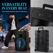 Dazone Portable 15 Bluetooth Speaker Reachargeable Subwoofer Heavy Bass Party PA System, Trolley Stereo Tailgate, With Handle, Wheels, Microphone, Remote, FM Radio Karaoke DJ RGB LED Light