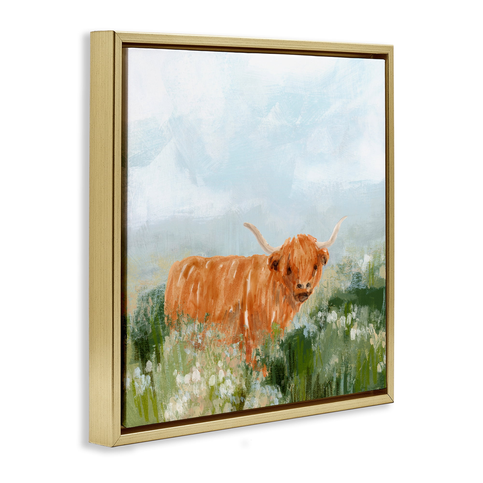 Stupell Industries Longhorn Cattle Country Field Animals & Insects Painting Gold Floater Framed Canvas Art Print Wall Art, 18 x 18