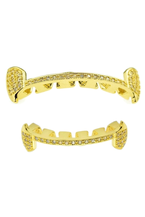14K Gold Plated Fang Grillz Set CZ Bling Upper Top And Bottom Lower Teeth Cubic Zirconia Hip Hop Vampire Half Grills