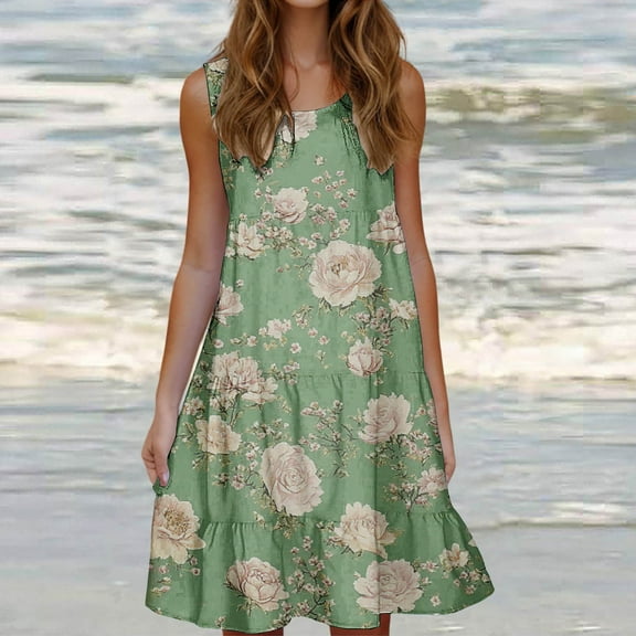 Jjayotai No Boundaries Women's Summer Dresses 2025, Boho Dresses for Women, Beach Casual Sleeveless Floral Print Tank Loose Sundress with Pocket Green~ XXXL