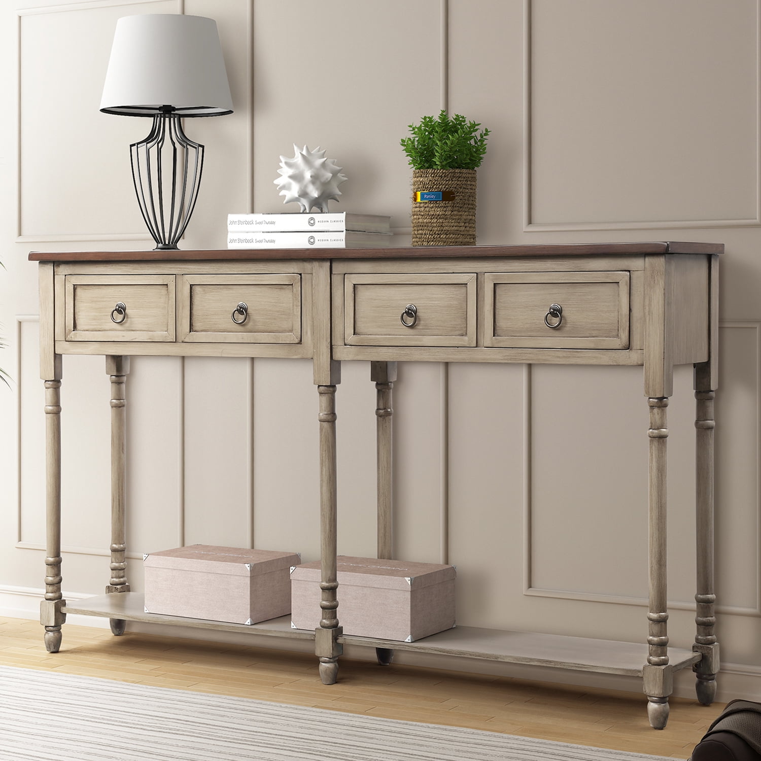 Entryway Table with Solid Wood Legs Console Table with Drawers and Long