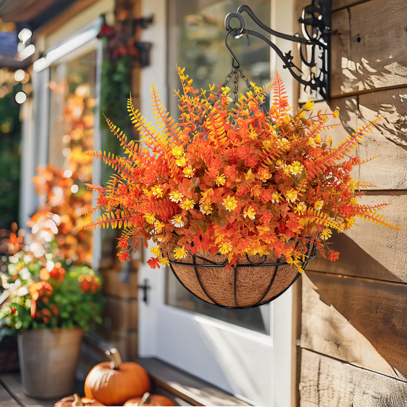 Scidweet Artificial Fall Hanging Flowers Outdoor, 12 Pcs Autumn Fake Flowers Faux Plants with Coconut Lining Basket Fall Decoration for Home Patio Garden Decor, Mixcolor