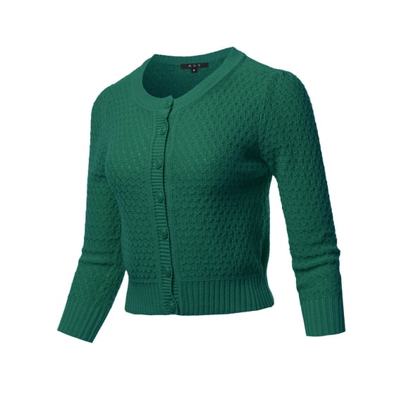 A2Y Women's Solid Cropped 3/4 Sleeve Button Down Crew Neck Knit Cardigan Sweater Kelly Green XL