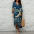 thumbnail image 4 of COEQINE Smock Dress for Women 3/4 Sleeve Calf Length Midi Modest Dress, Comfortable Polyester Linen Boho Beach Cover Up for Wedding Party Wear, Size S, Crane Bird Cloud Dark Blue, 4 of 6
