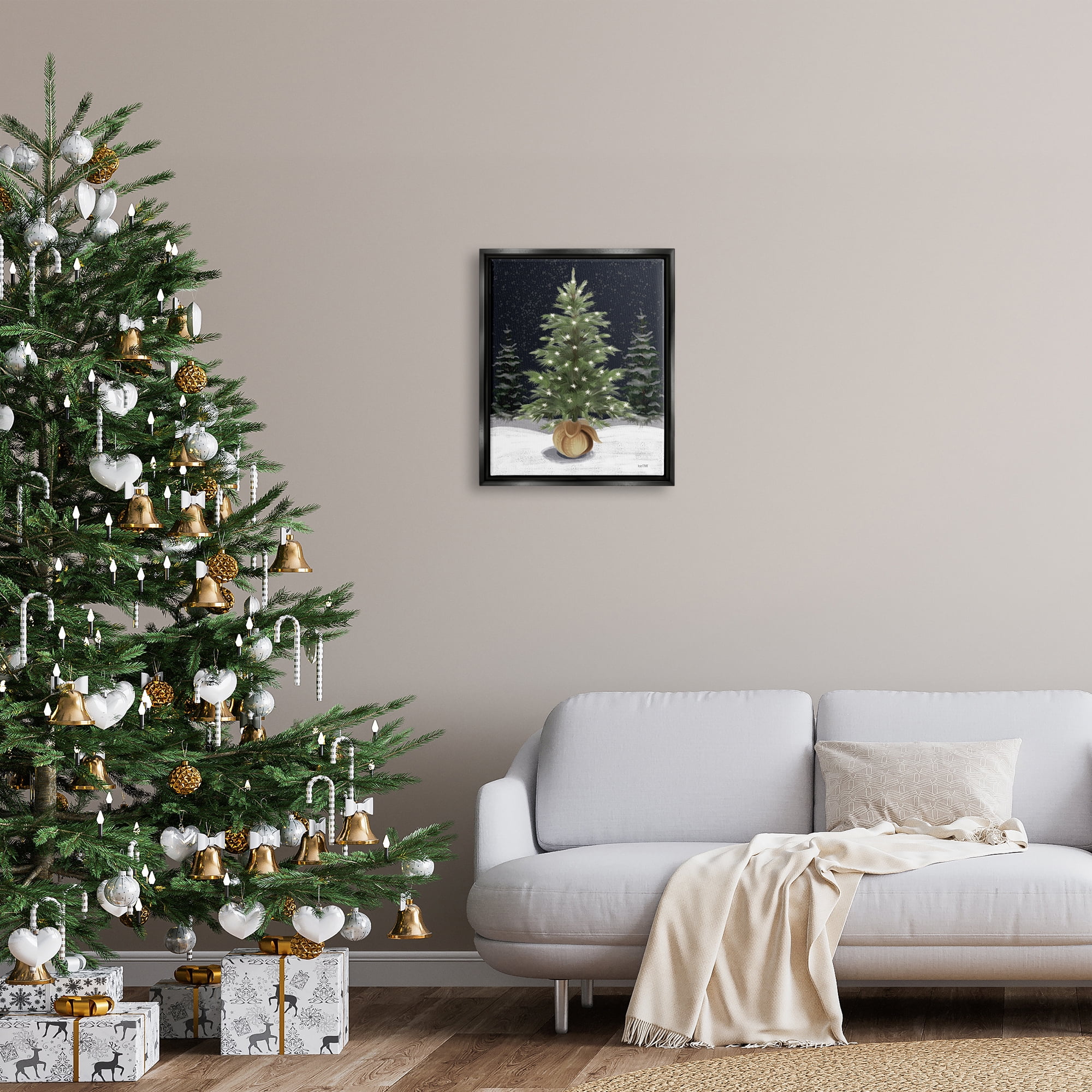 Stupell Industries Christmas Tree Snow Scene Holiday Painting Black Floater Framed Canvas Art Print Wall Art, 17 x 21