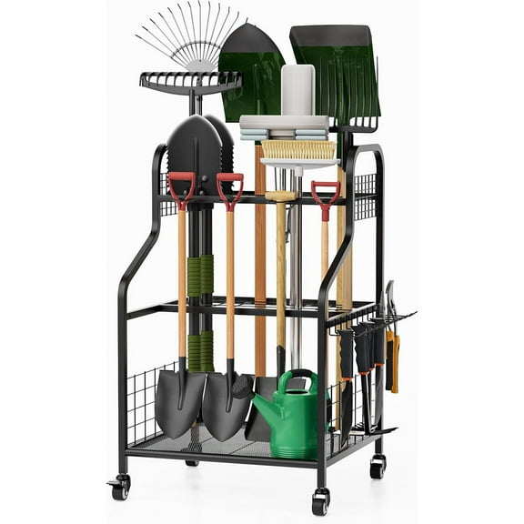 Garden Tool Organizer,Heavy Duty Steel Yard Tool Organizer for Garage,Up to 49 Long-Handled Tools, Garden Tool Storage with Wheels,Garden Tool Organizer for Garage,Black