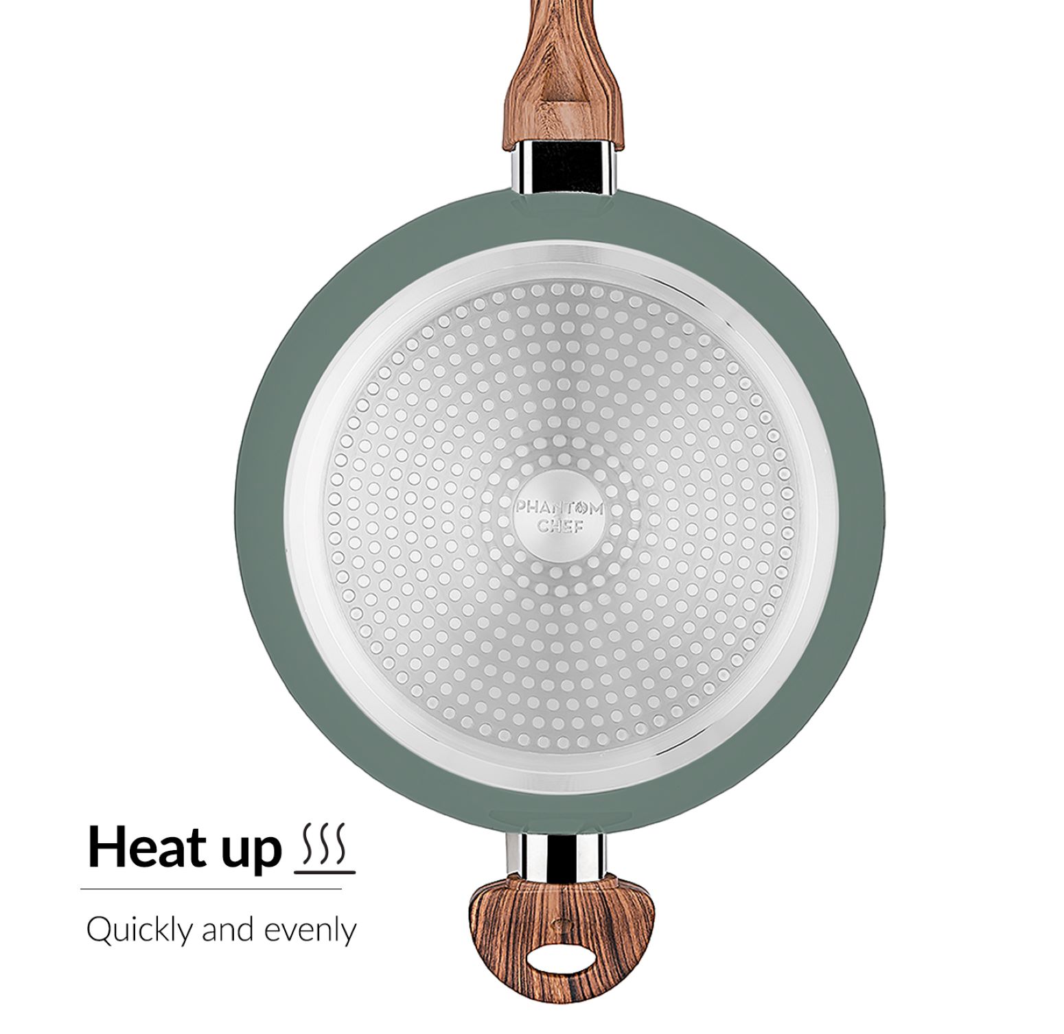 Phantom Chef 11 inch Deep Fry Pan With Lid - Wood Handle and Aluminum Body - Green