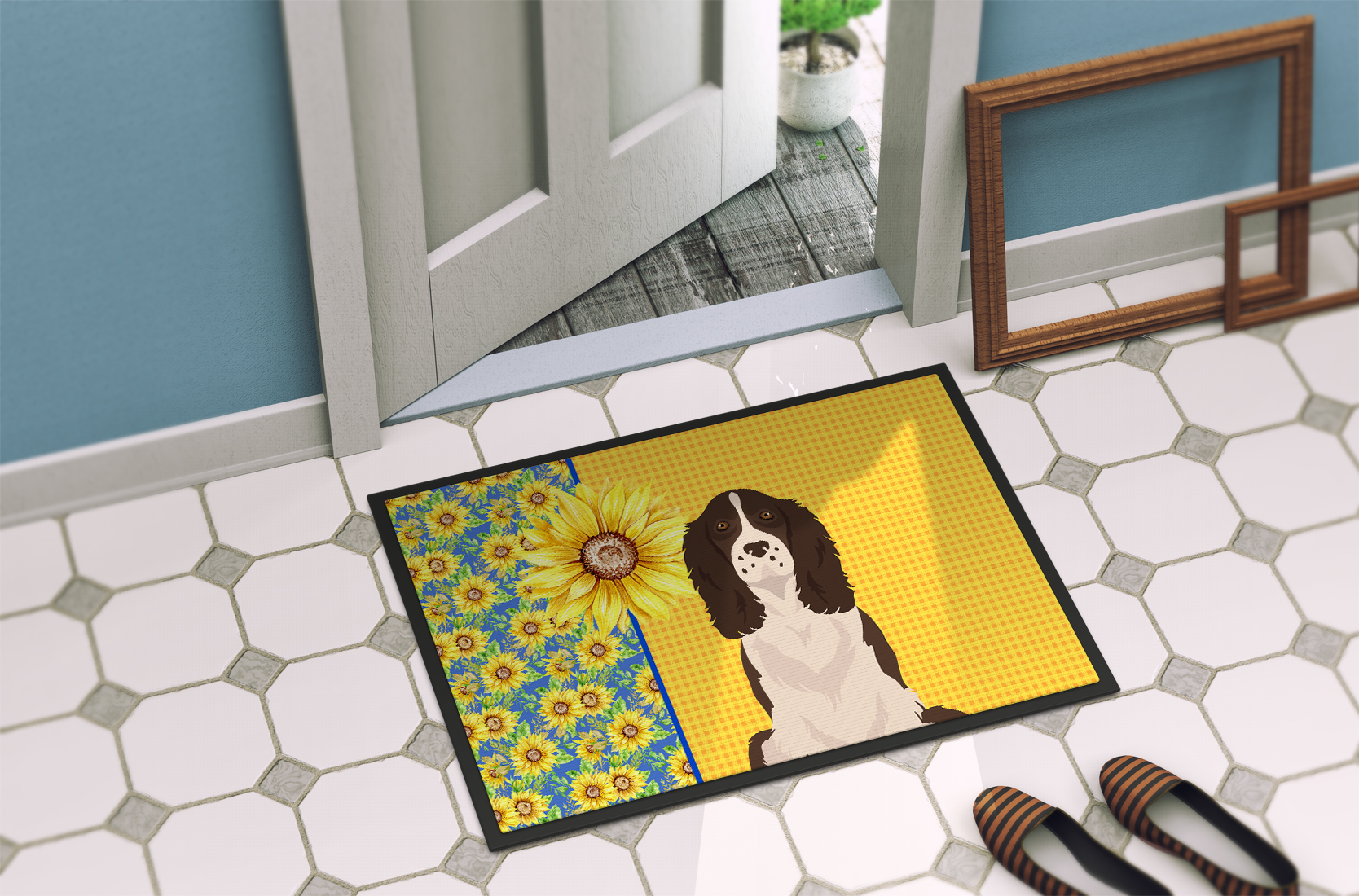 Carolines Treasures WDK5417JMAT 24 x 36 in. Summer Sunflowers Liver English Springer Spaniel Indoor or Outdoor Mat