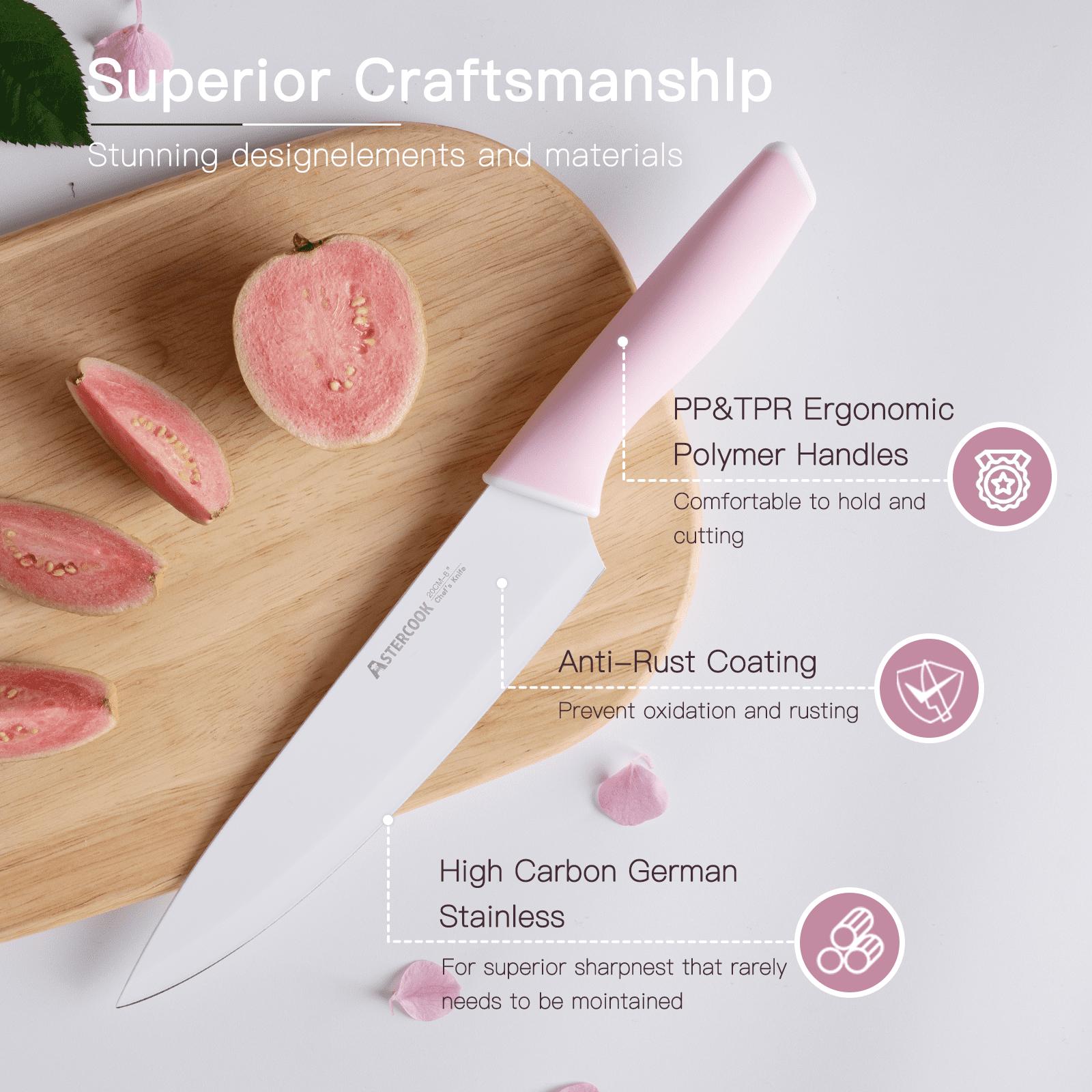Astercook Knife Set, 14 Pieces Kitchen Knives Set with Healthy Anti-Rust Coating, Stainless Steel Knife Sets with Built-in Sharpener, Sharp & Rust Resistant Dishwasher Safe Pink