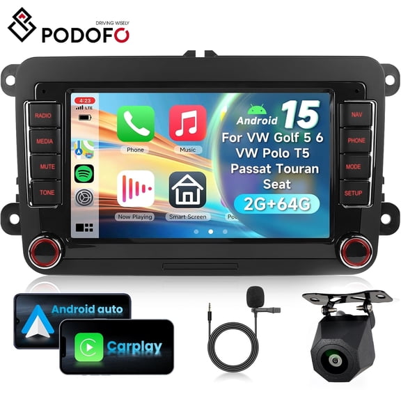 Podofo 2G & 64G 7 Inch Car Radio for VW Golf 5 6 VW Polo T5 Passat Touran Seat with Carplay Android Car, Android 15, Touchscreen Bluetooth RDS/FM Radio, WiFi Navi/AHD Reversing Camera/CANBUS