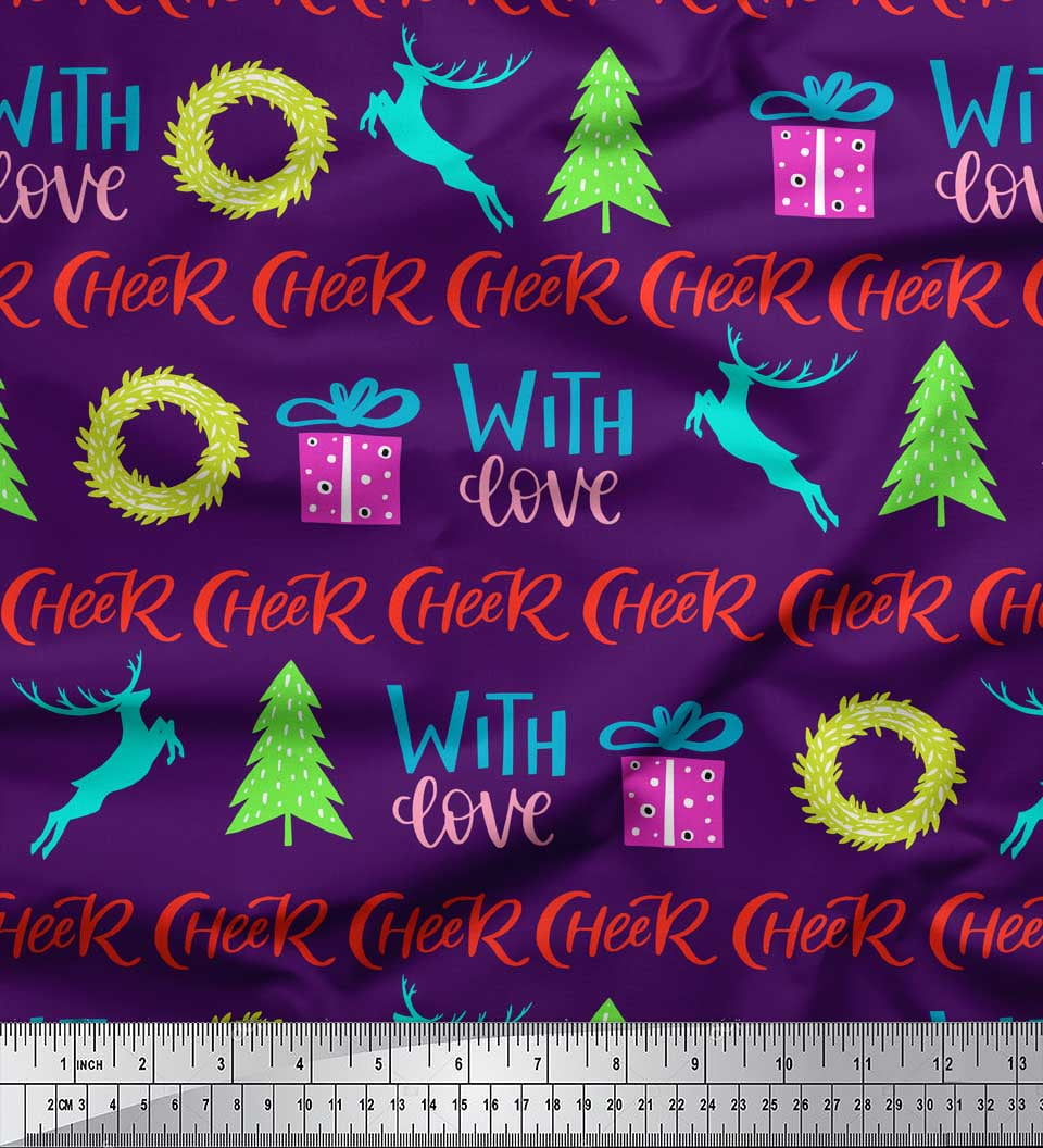 Soimoi Purple Cotton Voile Fabric Christmas Tree & Gift Text Printed Fabric 1 Yard 42 Inch Wide