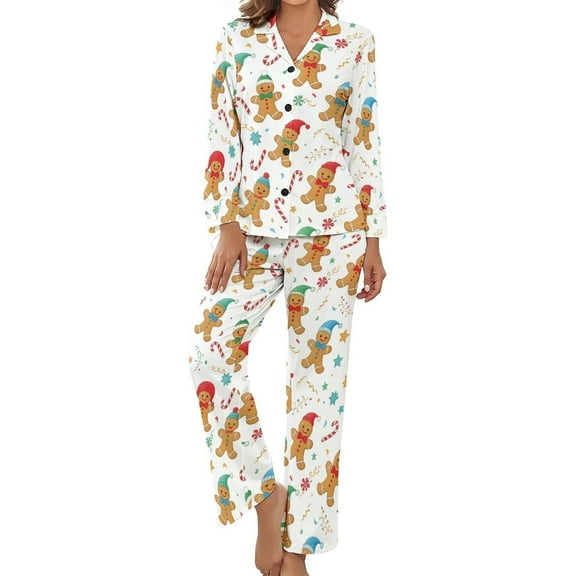 Top-kevin Pajama Sets for Womens Gingerbread Men Hats Loose Button Down Long Sleeve Shirts And Pants Set