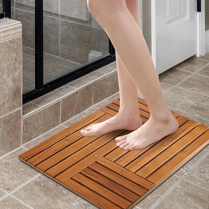 Utoplike Teak Wood Bath Mat, 32 x 20 inch Large Wooden Shower Mat for Bathroom, Non Slip Wood Floor Sturdy Mat for Inside Shower Luxury Spa Home or Outdoor