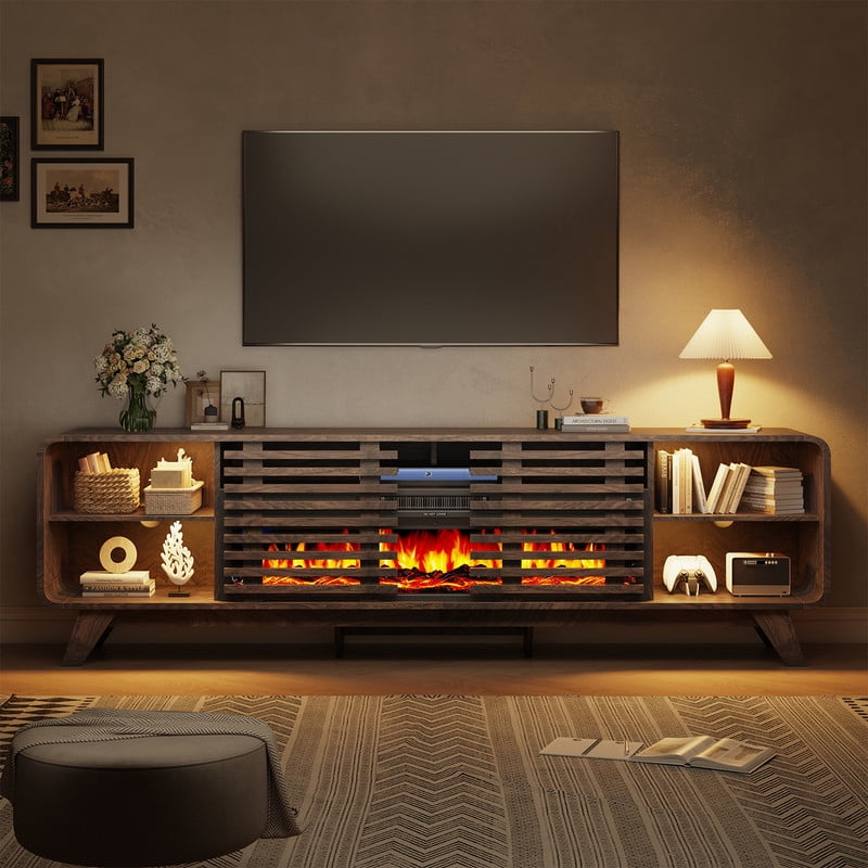 BaPiPro Mid‑Century Modern Fireplace TV Stand with 40 Inch Electric Fireplace 12‑Color RGB LED Lights Fits TVs up to 90 Inch Wood Media Console with Slatted Sliding Doors for Living Room Brown