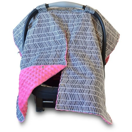 - Kids N' Such 2 in 1 Car Seat Canopy Cover with Peekaboo Opening™ - Large Carseat Cover for Infant Carseats - Best for Baby Girls - Use as a Nursing Cover - Herringbone with Hot Pink Dot Minky