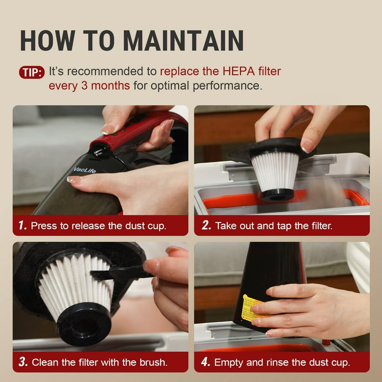 VacLife Cordless Handheld Vacuum Car Vacuum Cleaner Rechargeable with Motorized Brush Powerful Stair Vacuum w Reusable Filter LED Light Red