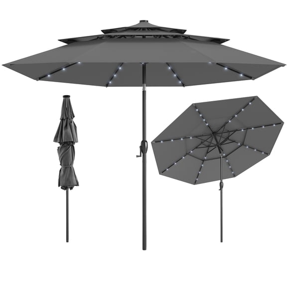 Gymax 10 FT Solar Patio Umbrella w/ 32 LED Lights 3-Tier Vented Top Tilt Adjustment Gray