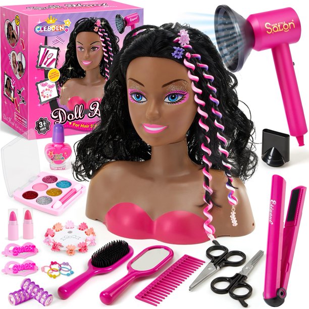 Cabeza de muñeca para peinar Cleboen 23 cm, kit de maquillaje de 35 piezas