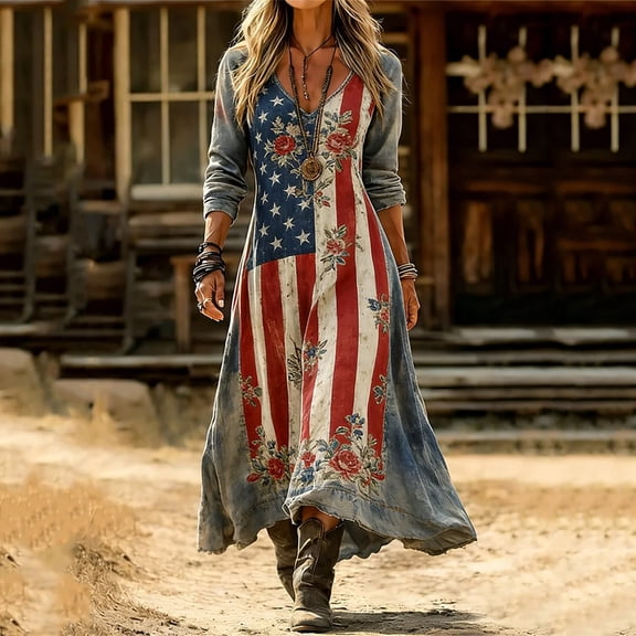 QUNYINEY Casual Dresses for Women Long Independence Day Patriotic Long Sleeve A Line Dress V-Neck Loose Fit Flowy Summer Dresses