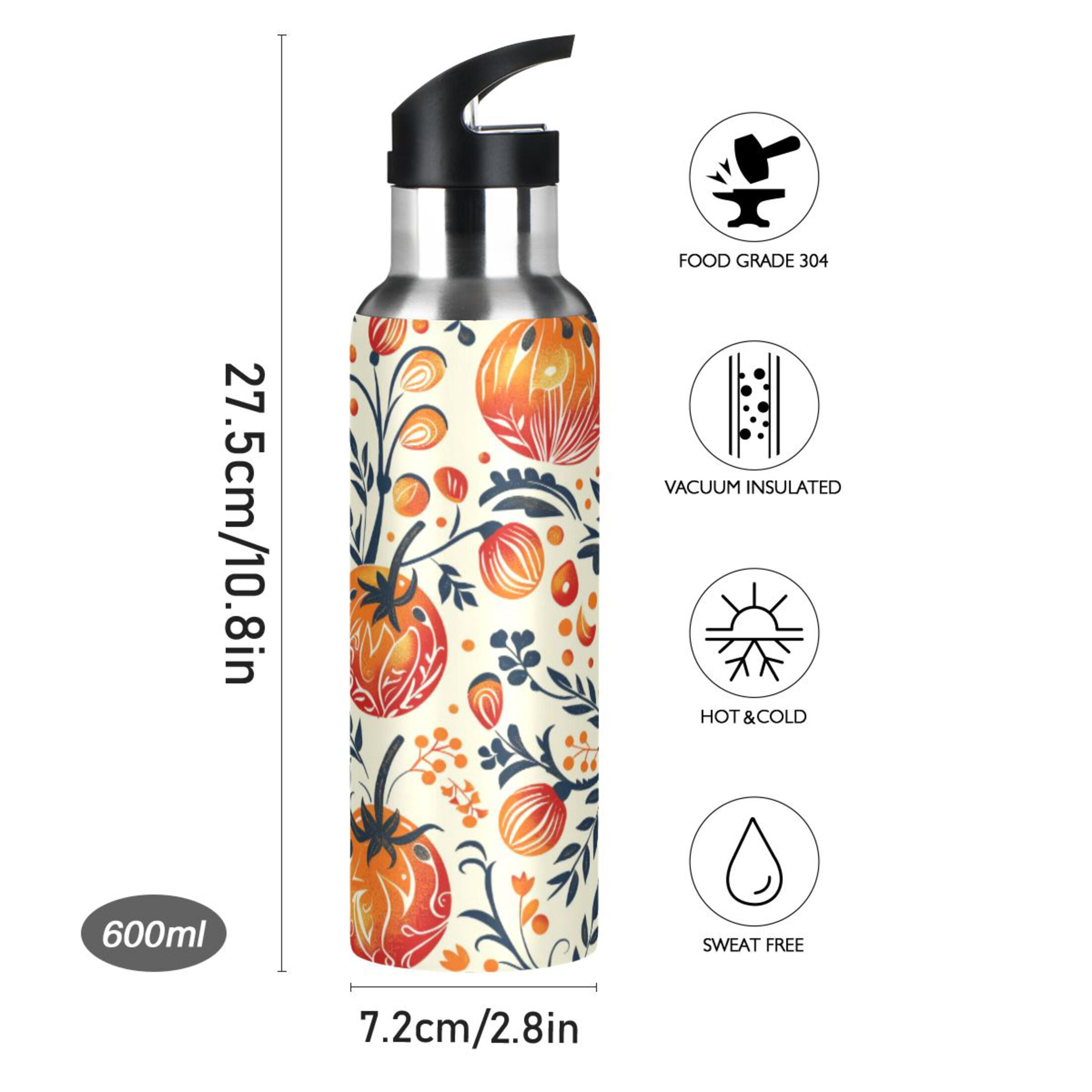 Water Bottles 20oz Straw Lid Wide Mouth Stainless Steel for School Sport Travel Tomato Folk Art