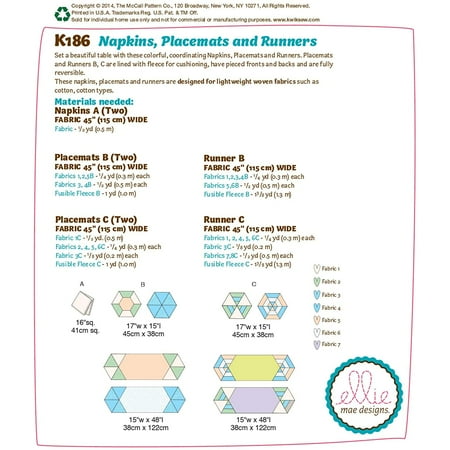 Kwik Sew Patterns K0186 Napkins Placemats And Runners One Size Only Walmart Com Walmart Com