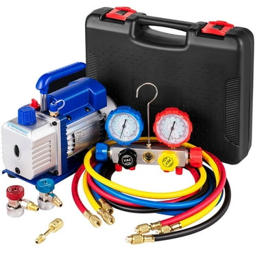 VEVOR Suction Pump 4.8CFM 1/4 HP Single Stage for HVAC A/C Cooling Systems, 5PA Ultimate Vacuum, Manifold Gauge Kit R410A R134A R22, Includes 4-Way Gauge & Hose