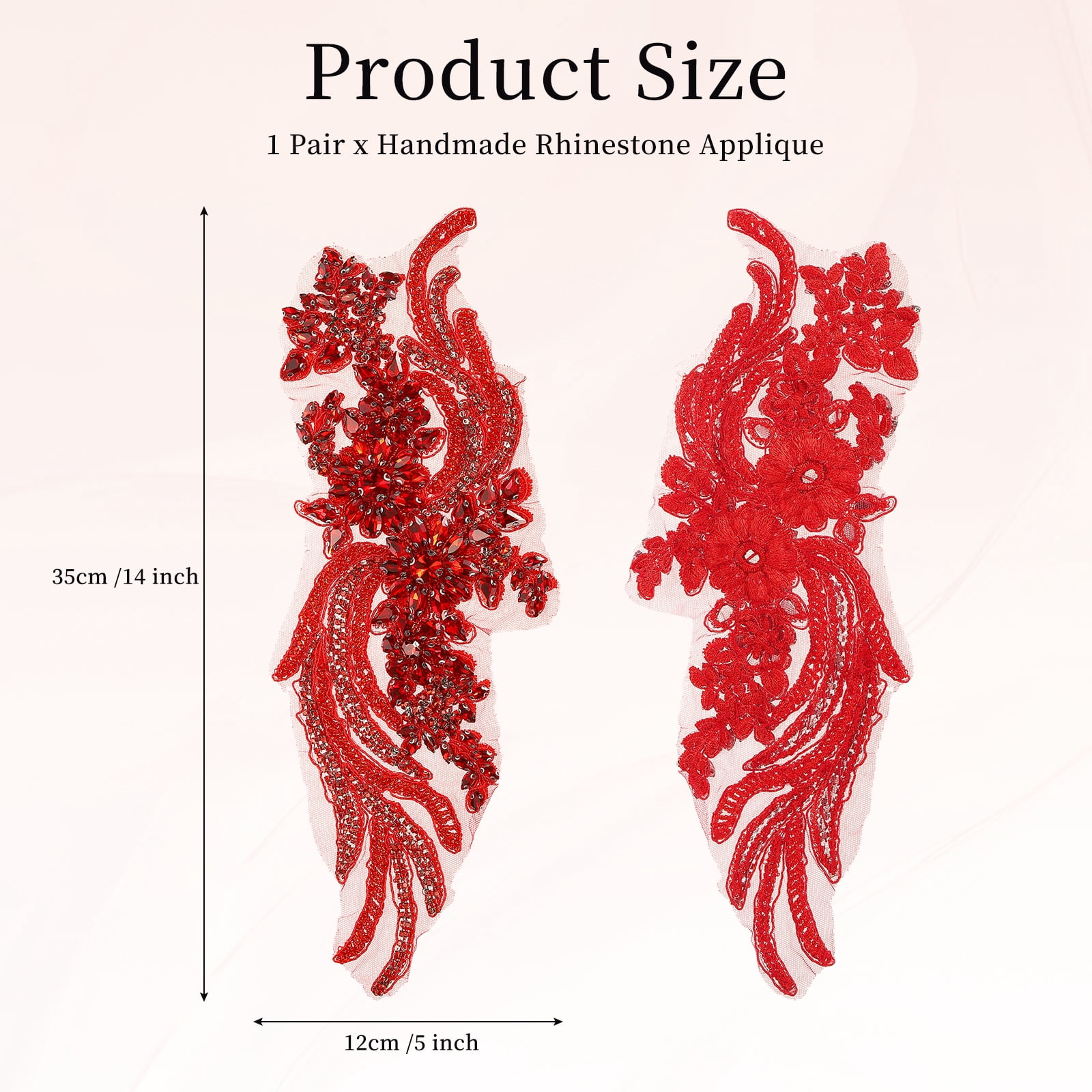 Uxcell 1 Pair Handmade Rhinestone Applique Patch, 14" x 5" Beaded Embroidery Sequin Patches for Sew on Wedding Dress Cloth DIY Crafts Decoration, Red