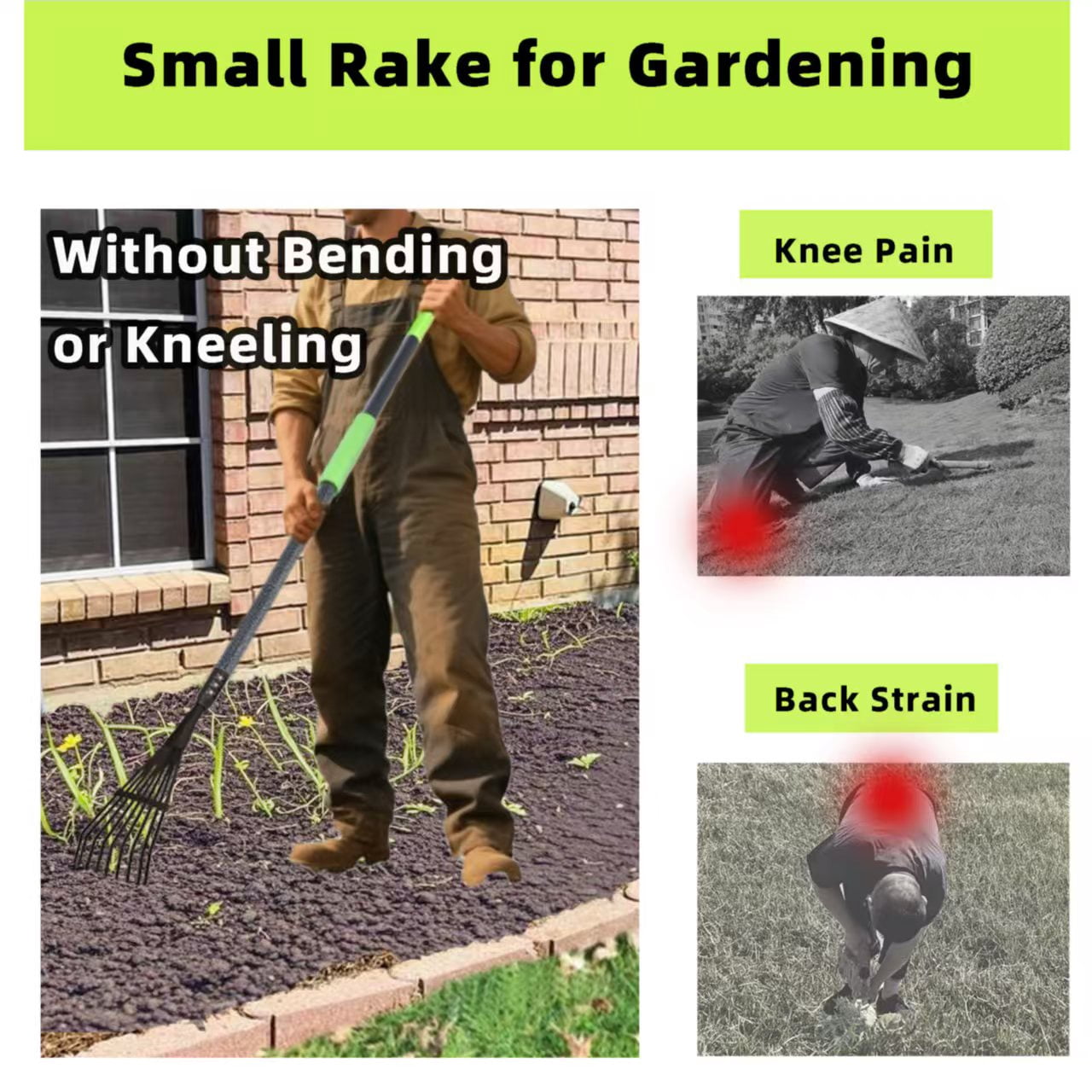 YARTTING Rake for Leaves, Small Garden Rake with Adjustable Long Handle, 9 Tines Metal Narrow Rake for Lawns Yard Flower Bed Mulch Shrub Outdoor Camping