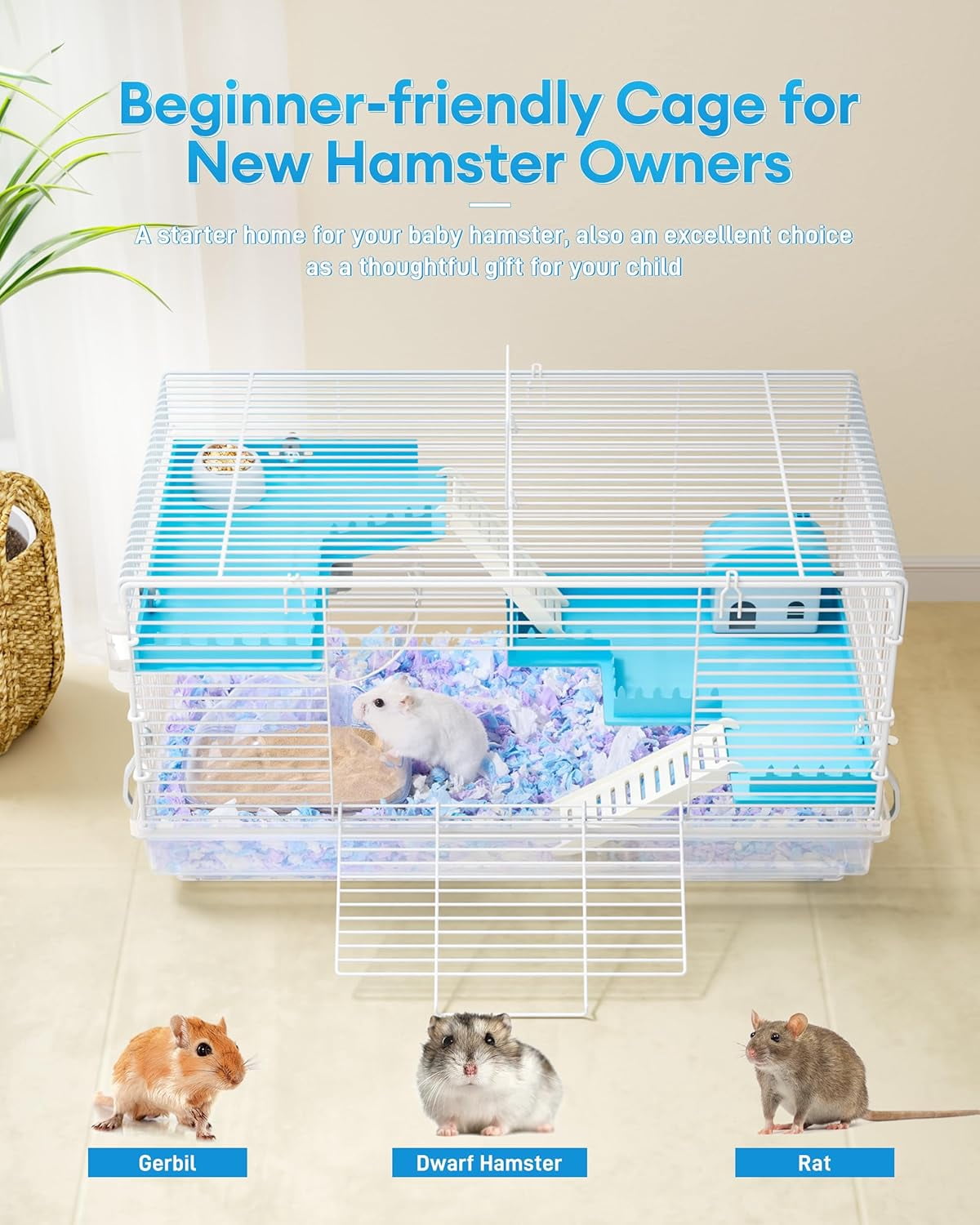 3 Levels Small Hamster Cage with Accessories, 8-in-1 Small Animal House for Dwarf Hamsters, Mice, Gerbils (18.5"x11.8"x11.8")
