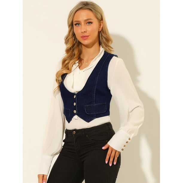 Chaleco de mezclilla con botones de mezclilla vintage sin mangas y espalda cruzada para mujer Azul M Allegra K Chaleco Walmart en linea