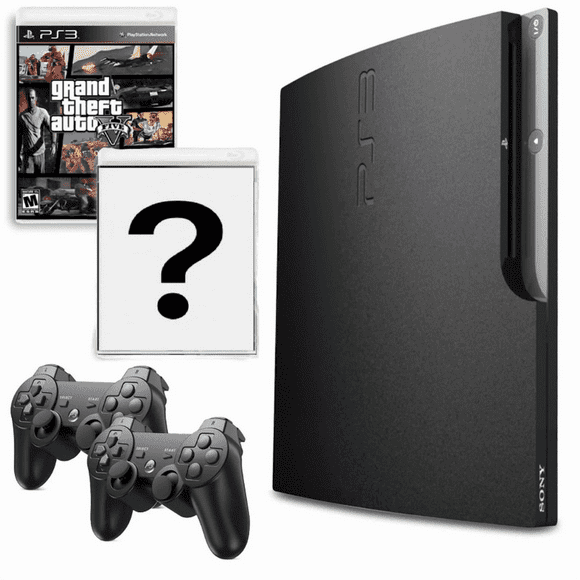 Sony Playstation 3 PS3 Console Slim 120GB Black with GTA V, A Bonus Game and 2 Retrofam Controllers (Refurbished)