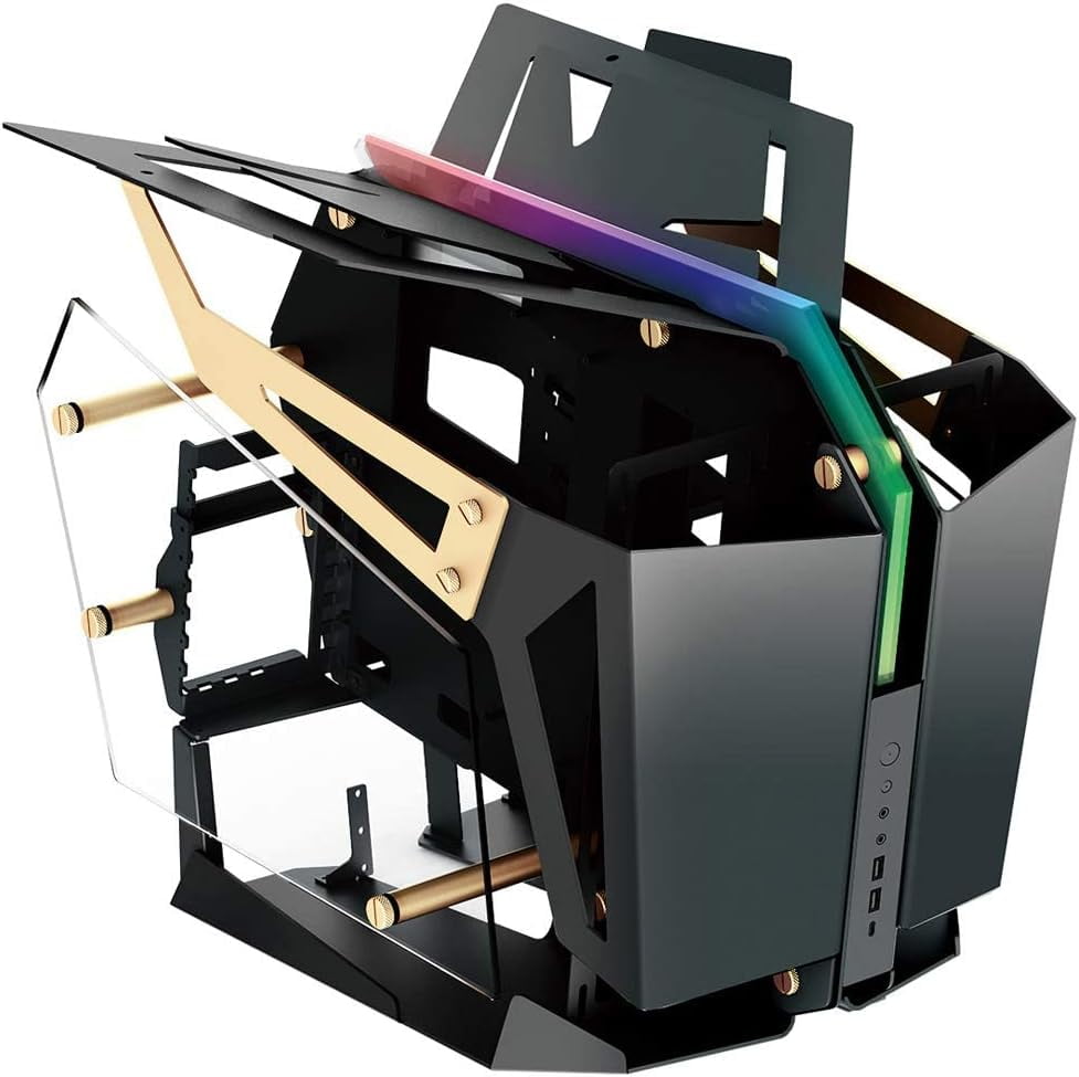 FSP Open Frame Gaming Streaming Case EATX/ATX/Mini- ITX, Dual-System, with 2 Tempered Glass Panels, Aluminum Case, ARGB Center Light Bar (CMT710 T-Wings Gold)