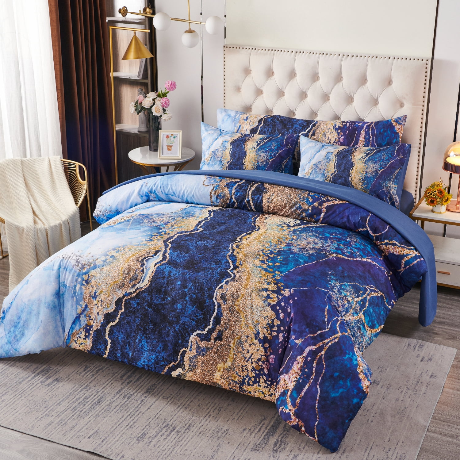 PERFEMET 6-Piece Light Blue King Size Comforter Set,Watercolor Marble Printed Bed in a Bag Set,Retro Artwork Style Bedding Set for Women Men