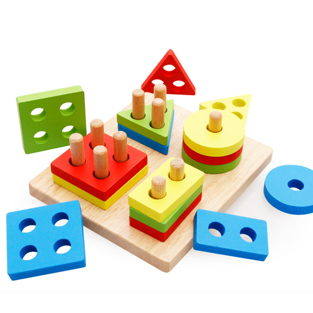 Wooden Geometric Stacker Shape Sorter Column Puzzle Building Block Stack Toys Z 