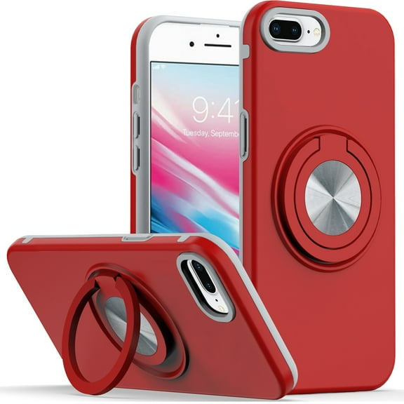 For iPhone 8 Plus/7 Plus Metal CD Pattern Matte Finished Hybrid with Rotational Ring [Car Mount Friendly] Case - Red