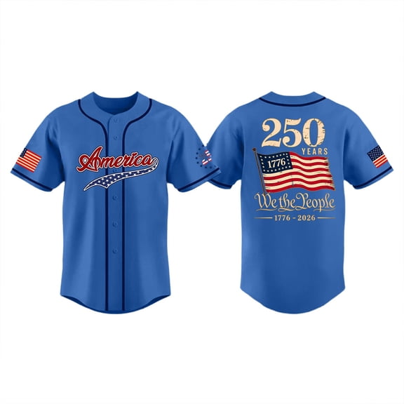 Men's 250th Anniversary Patriotic Baseball Jersey 1776-2026 America Flag Short Sleeve Button Down Tops Casual Vintage Printed Shirts Blue 3XL