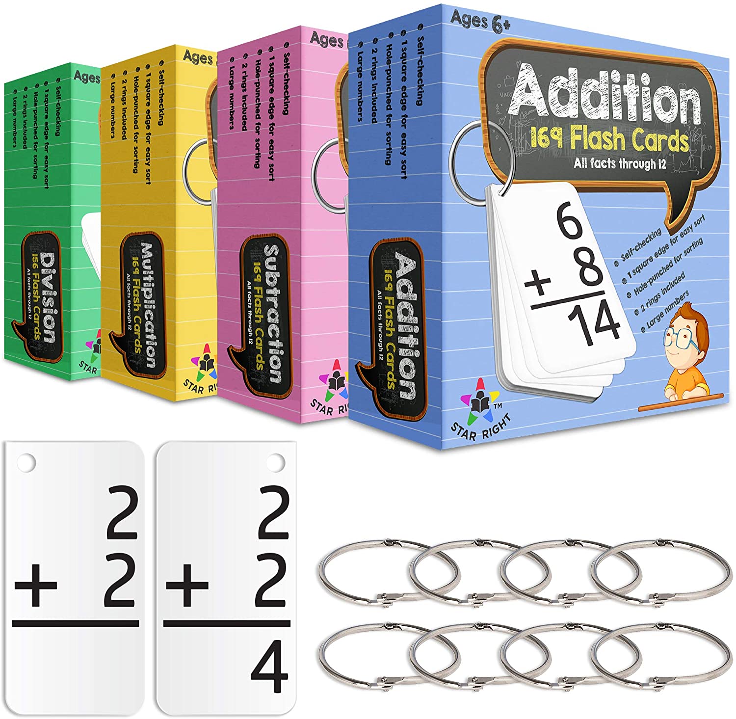 Star Right Addition, Subtraction, Division and Multiplication Flashcards with 8 Metal Binder