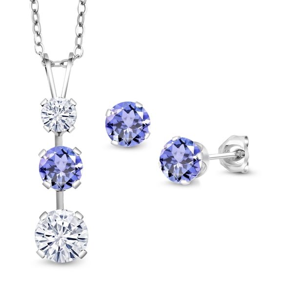 Gem Stone King 925 Sterling Silver White Moissanite and Blue Tanzanite Pendant and Earrings Jewelry Set for Women (2.41 Cttw, Gemstone Birthstone, with 18 inch Chain)