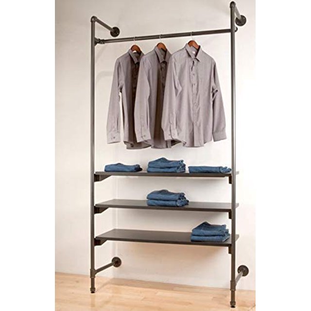 WGX Design For You Industrial Pipe Clothing Rack Wood Garment Rack Pipeline Vintage Rolling Rack On Wall(Black)