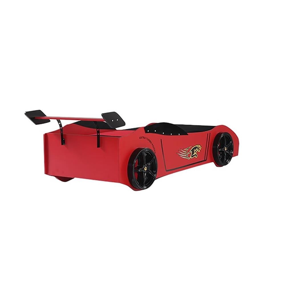 Pemberly Row Modern Woody Twin Race Car Bed with LED Headlights in Red