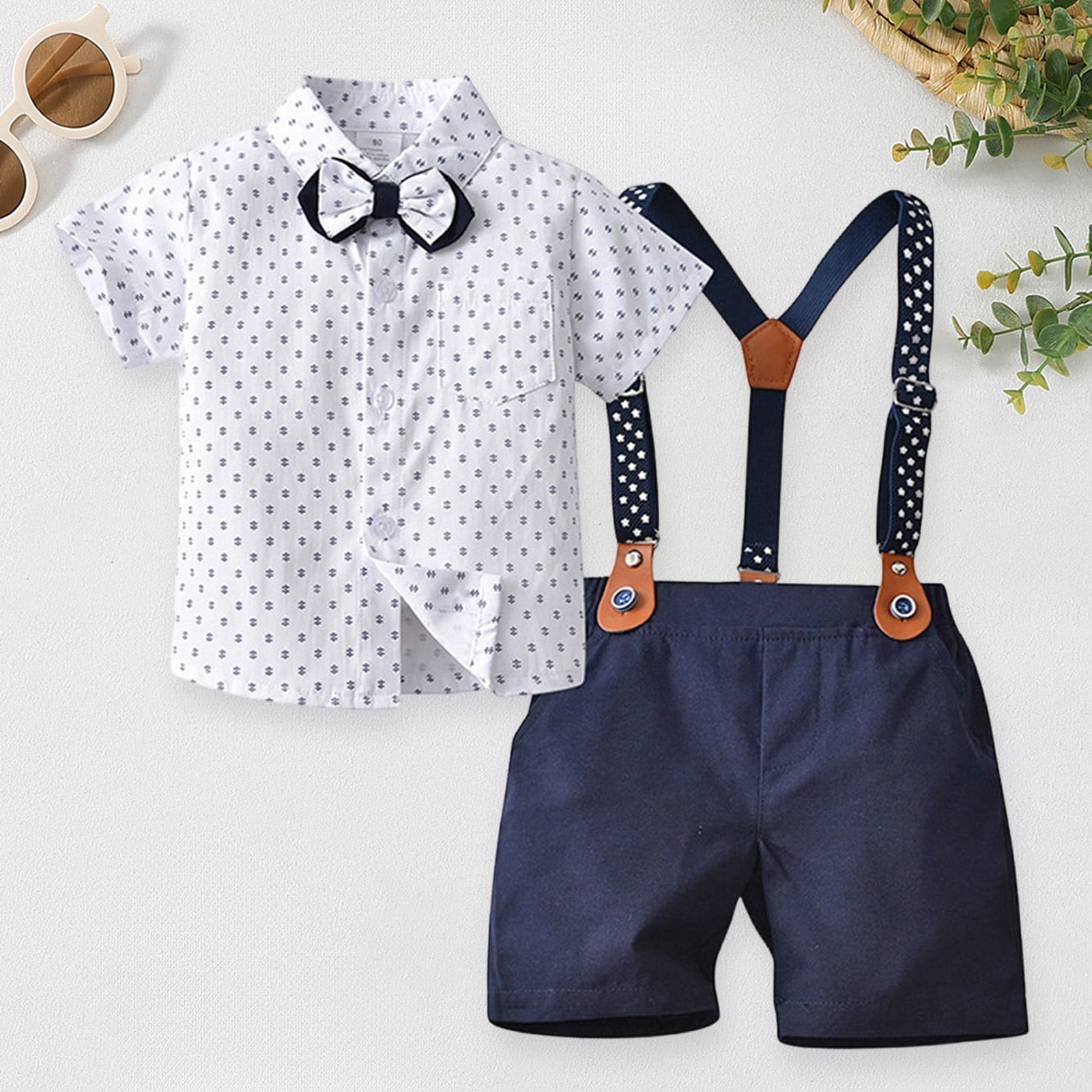 Wxirdiow Toddler Boy Outfits Baby Boy Clothes Suit Infant Short Sleeve Gentleman Outfits Dress Shirt+Bowtie+Suspender Shorts Blue Size,4-5 Years