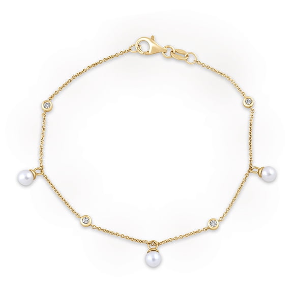 Brilliance Fine Jewelry Lab-Grown Diamond and Pearl Station Bracelet in Yellow Gold-Plated Silver