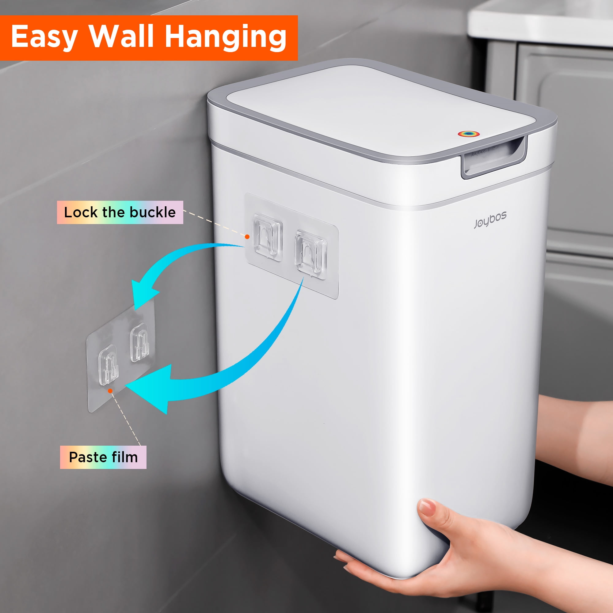 Joybos Bathroom Trash Can, 2 Pack (3.6 Gal and 2.4 Gal) Space Saver Wall-Hang Garage Can with Pop-up Lid for Household Use
